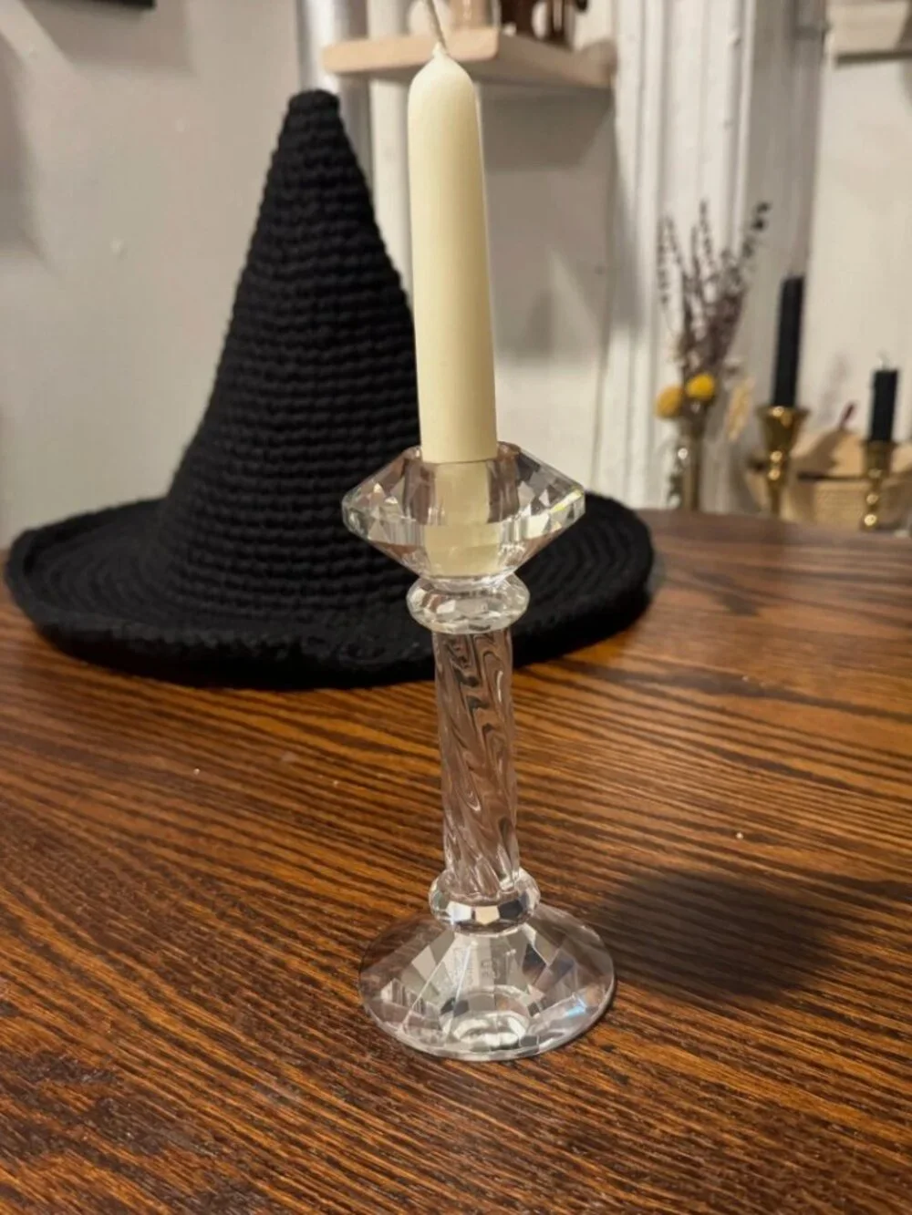 Crystal Cut Glass Taper Candlesticks Vintage Mismatched Set Of Two